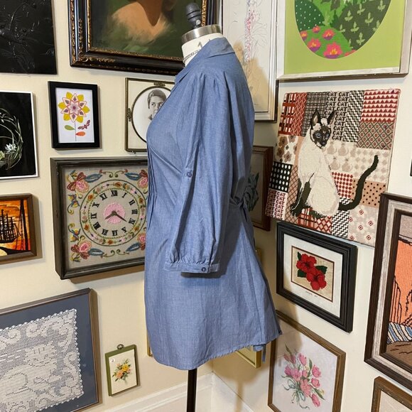 NWT rogers + ROGERS Blue 100% Cotton Pintuck Front Tab Sleeve Tunic Size 24 - Picture 3 of 8